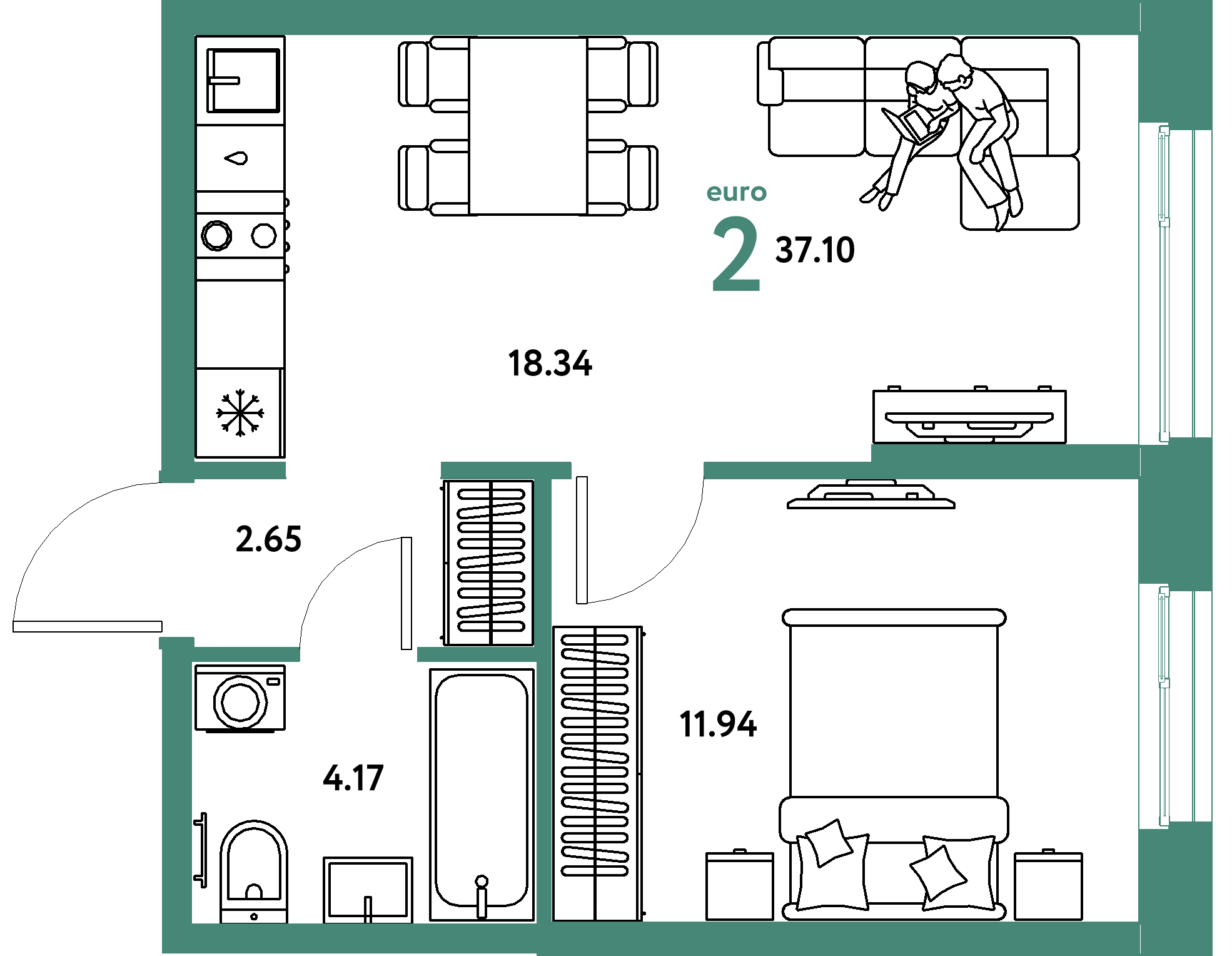 Планировка: Евродвушка 37,1 м² в ЖК «Европейский берег 2.0»