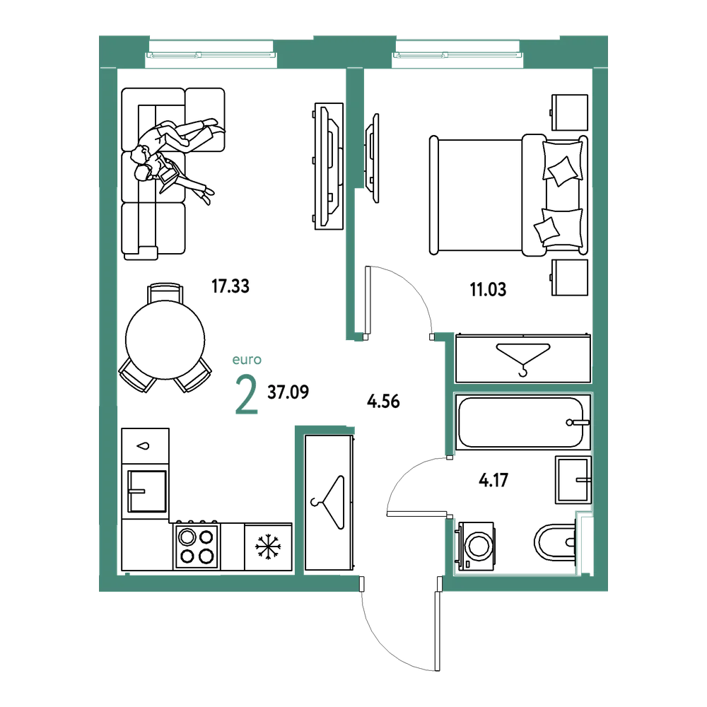 Планировка: Евродвушка 37,09 м²