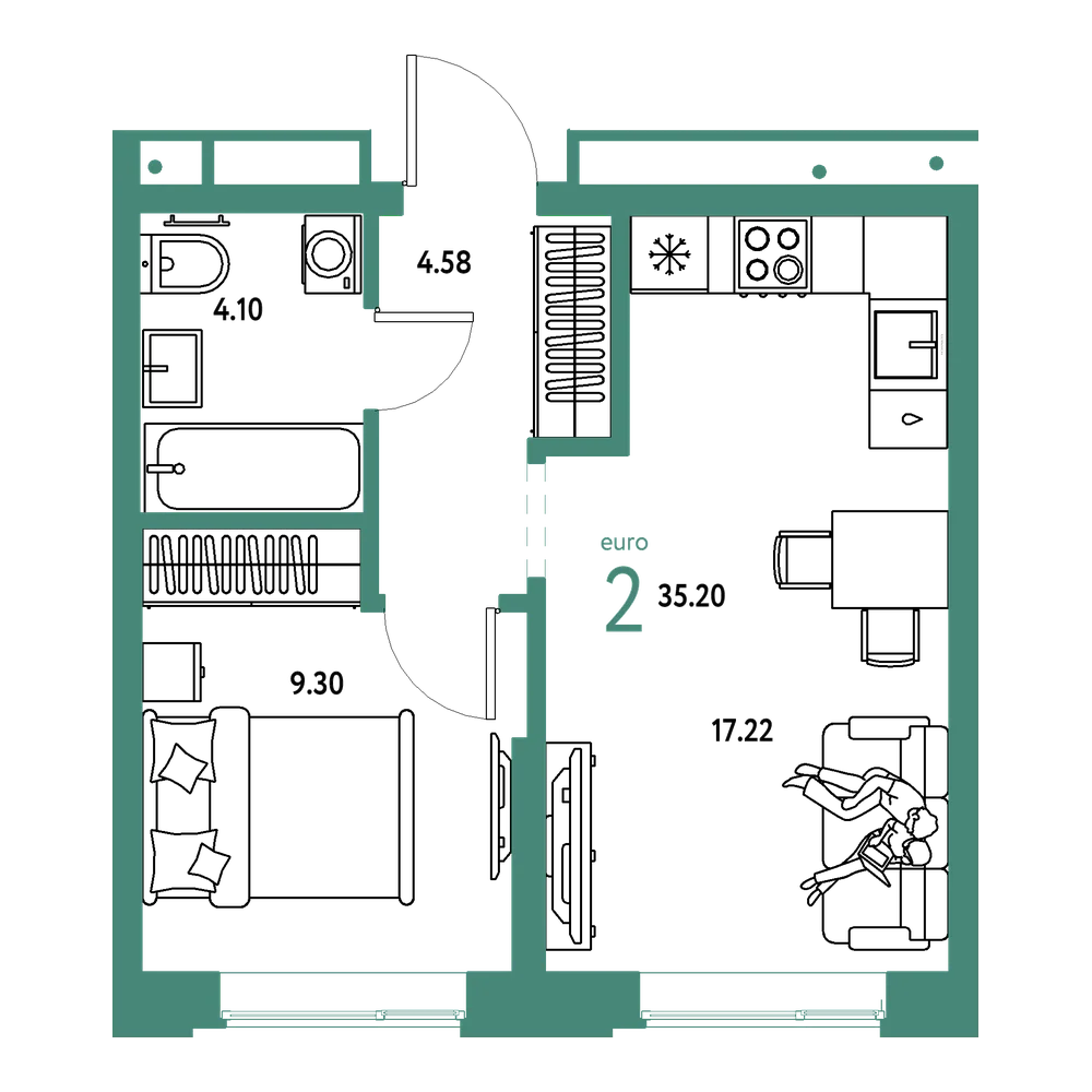Планировка: Евродвушка 35,2 м²
