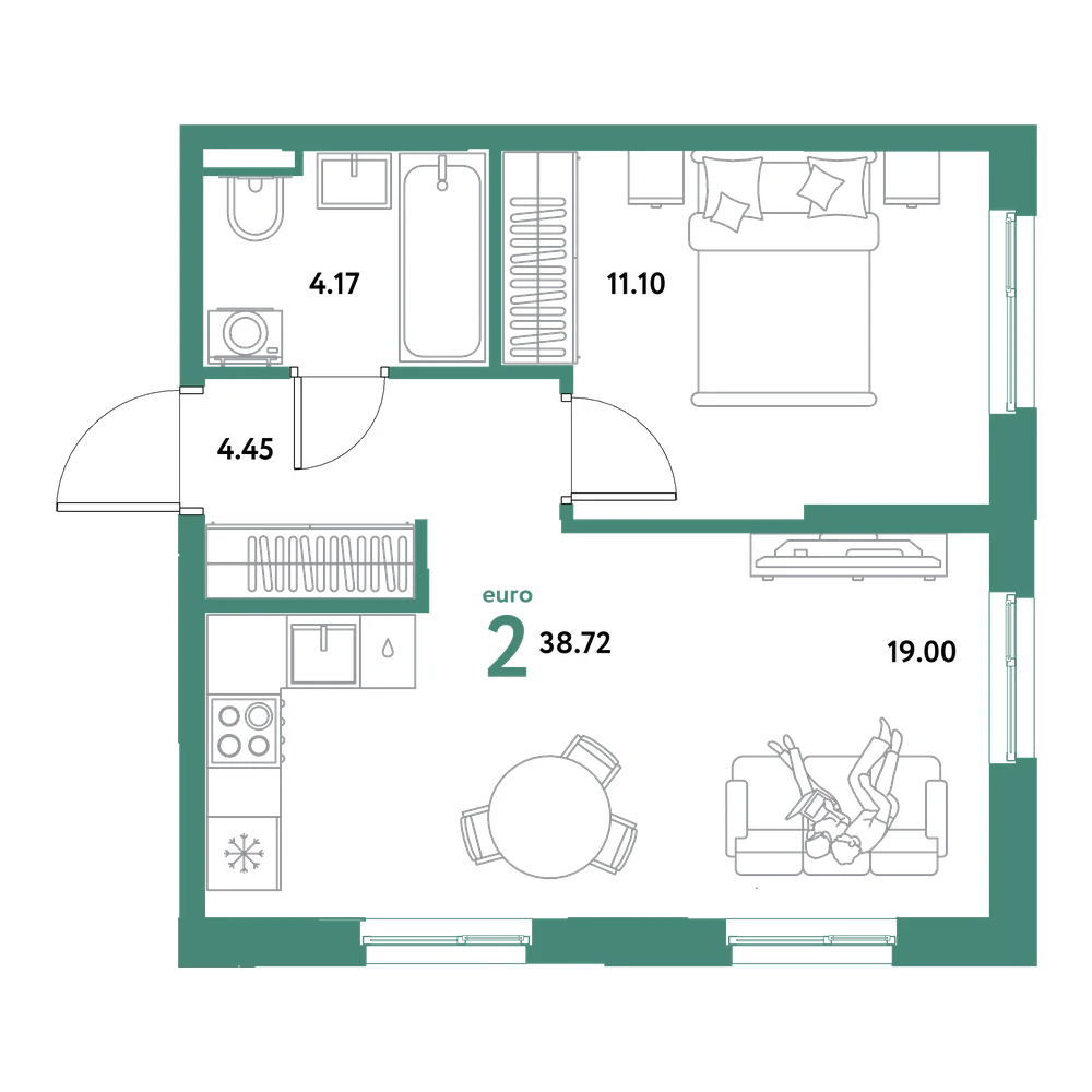 Планировка: Евродвушка 38,72 м²