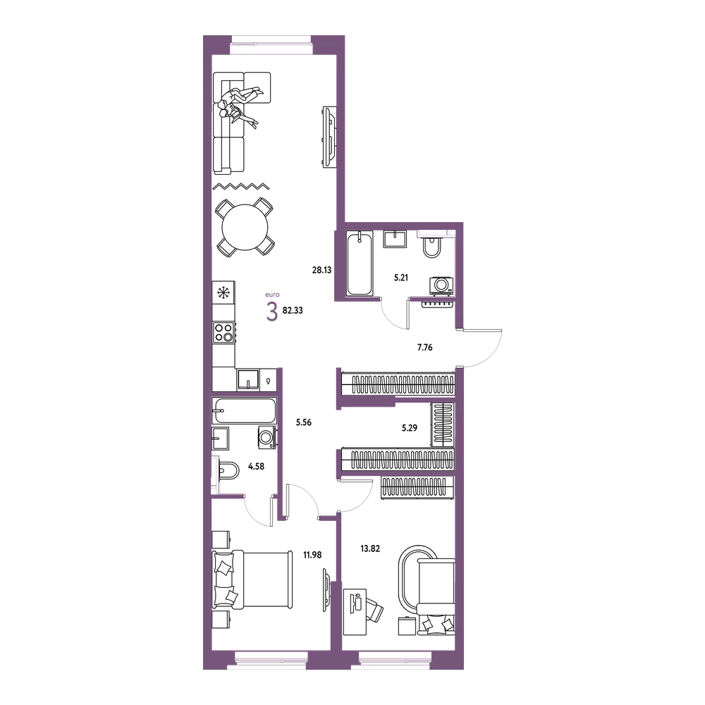 Планировка: Евротрёшка 82,35 м²