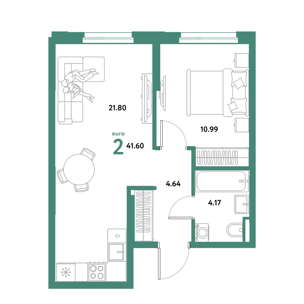 Планировка: Евродвушка 41,6 м²