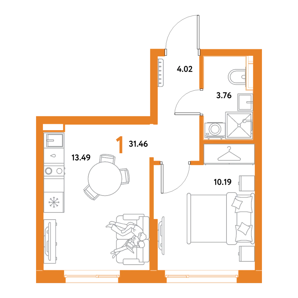 Планировка: 1-комнатная 31,46 м²