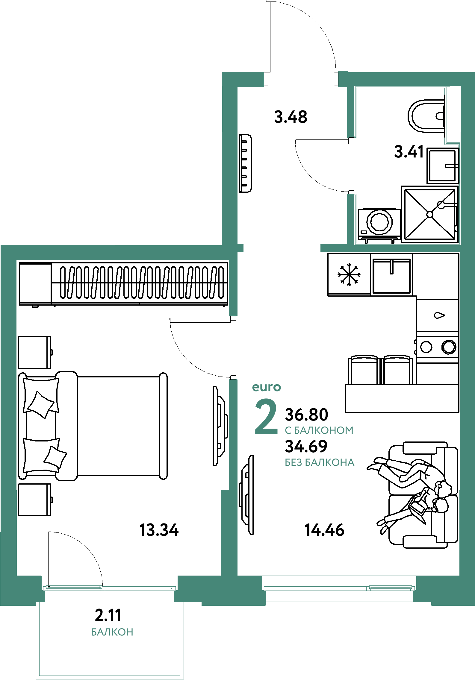 Планировка: Евродвушка 36,8 м² в ЖК «Домашний»