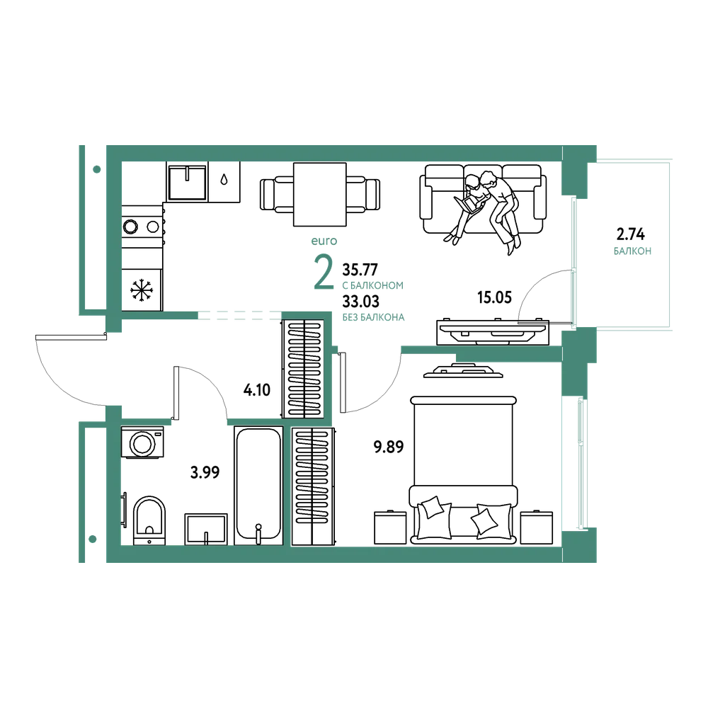 Планировка: Евродвушка 35,77 м²