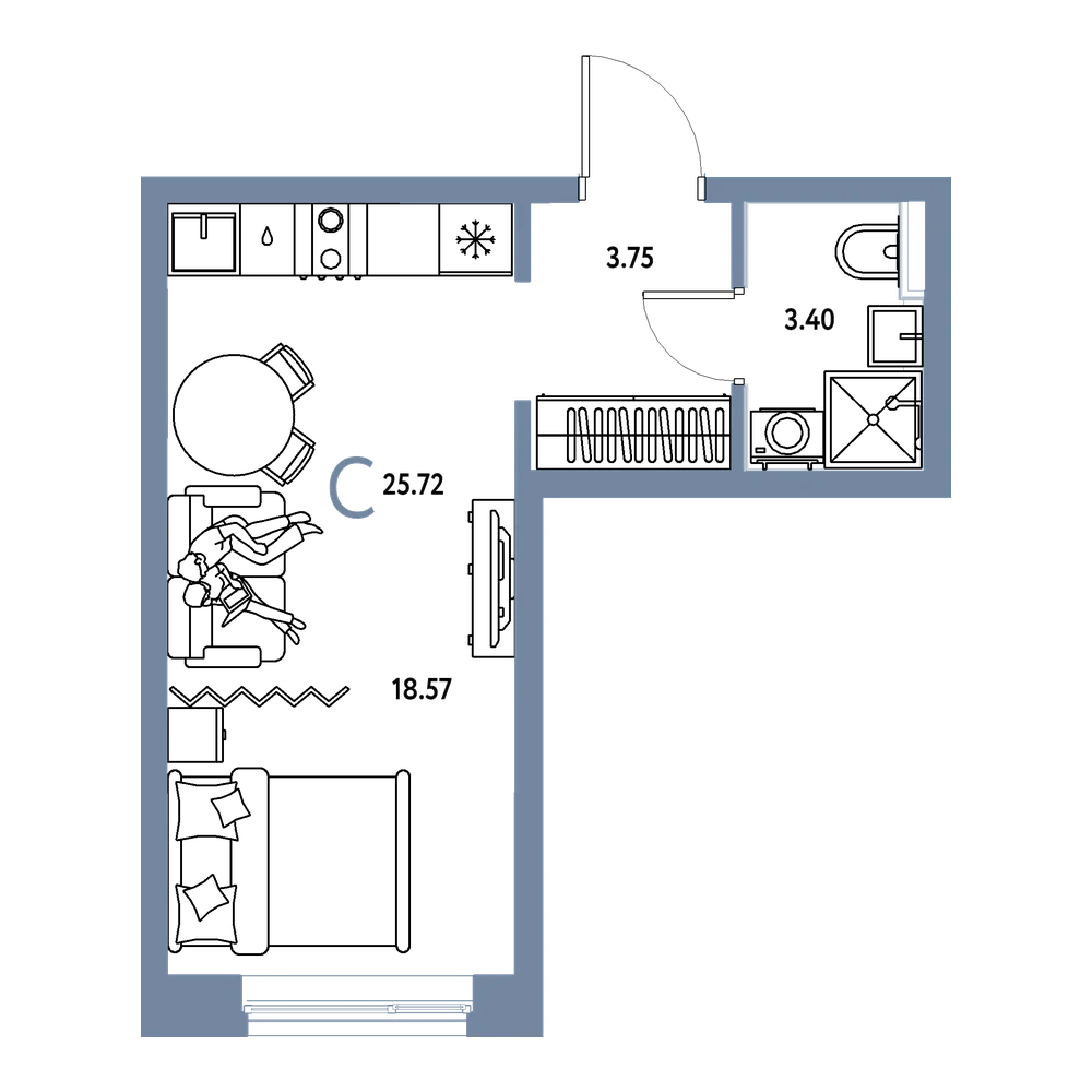 Планировка: Студия 25,72 м²