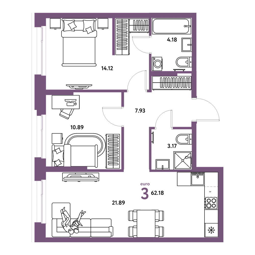 Планировка: Евротрёшка 62,18 м²