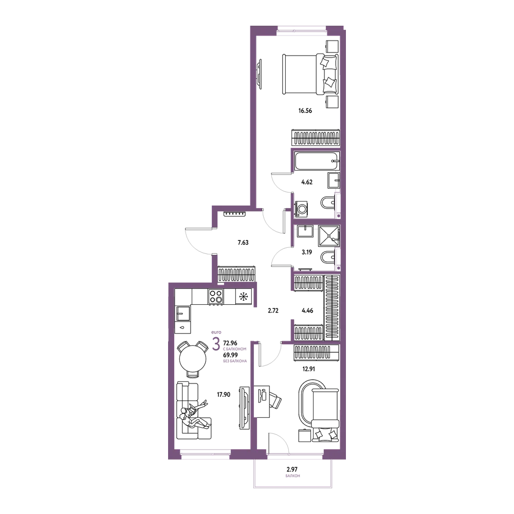 Планировка: Евротрёшка 72,96 м²