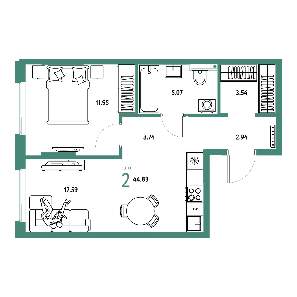 Планировка: Евродвушка 44,83 м²