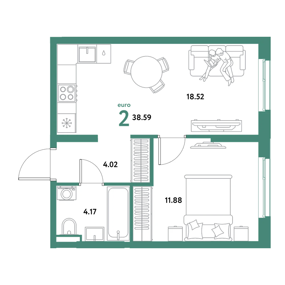 Планировка: Евродвушка 38,59 м²