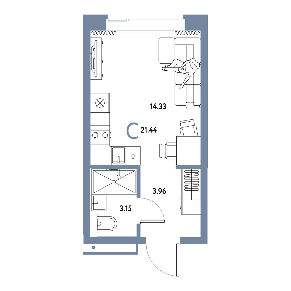 Планировка: Студия 21,44 м²