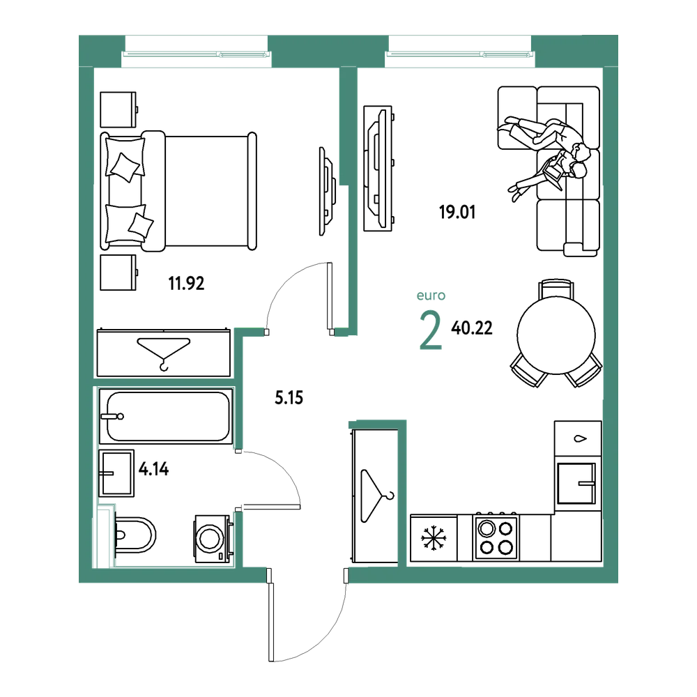 Планировка: Евродвушка 40,22 м²