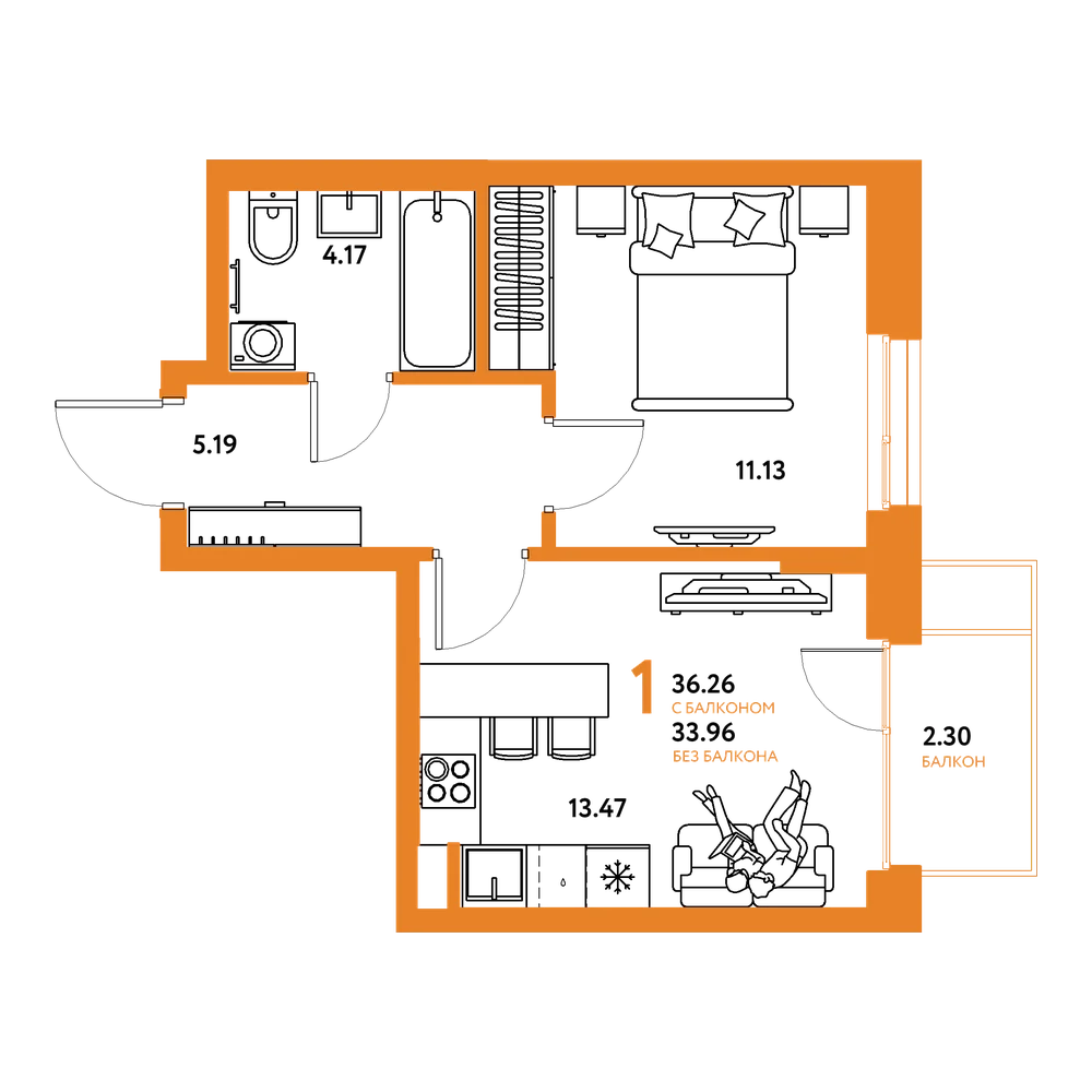 Планировка: 1-комнатная 36,26 м²