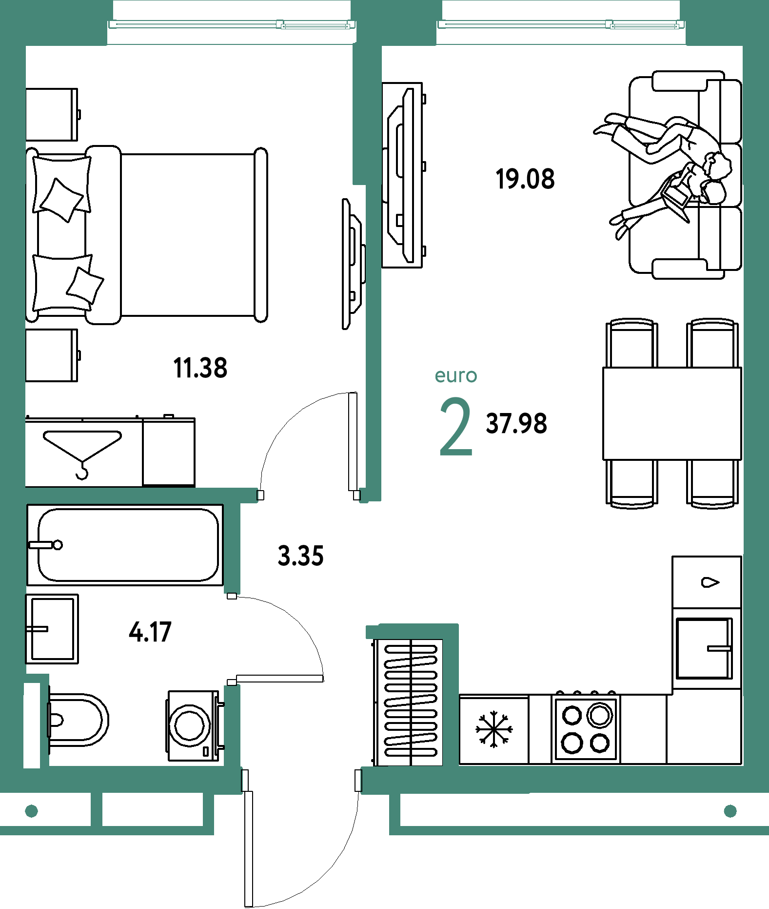 Планировка: Евродвушка 37,98 м² в ЖК «Страна.Прибрежная»
