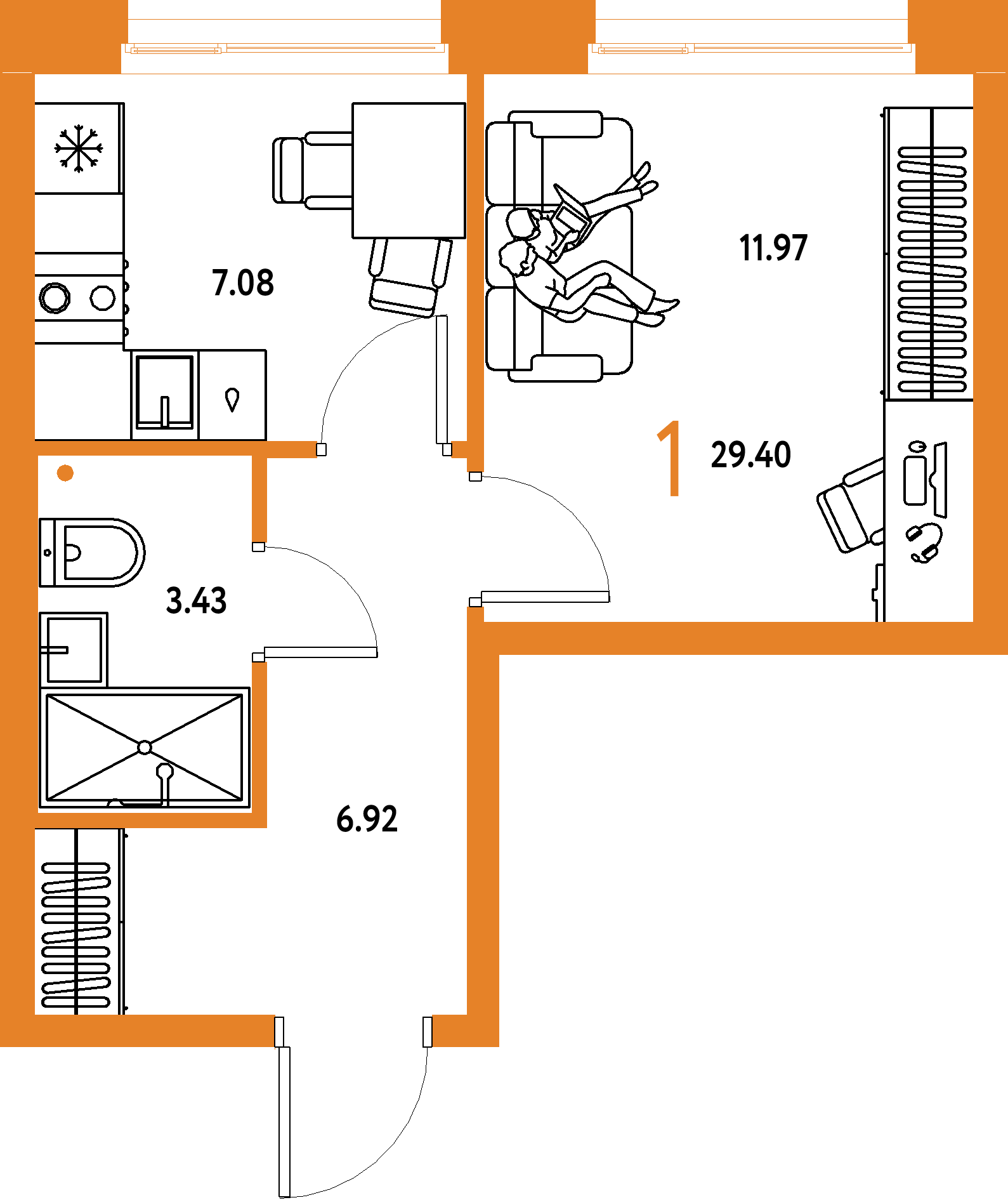 Планировка: 1-комнатная 29,4 м² в ЖК «Домашний»