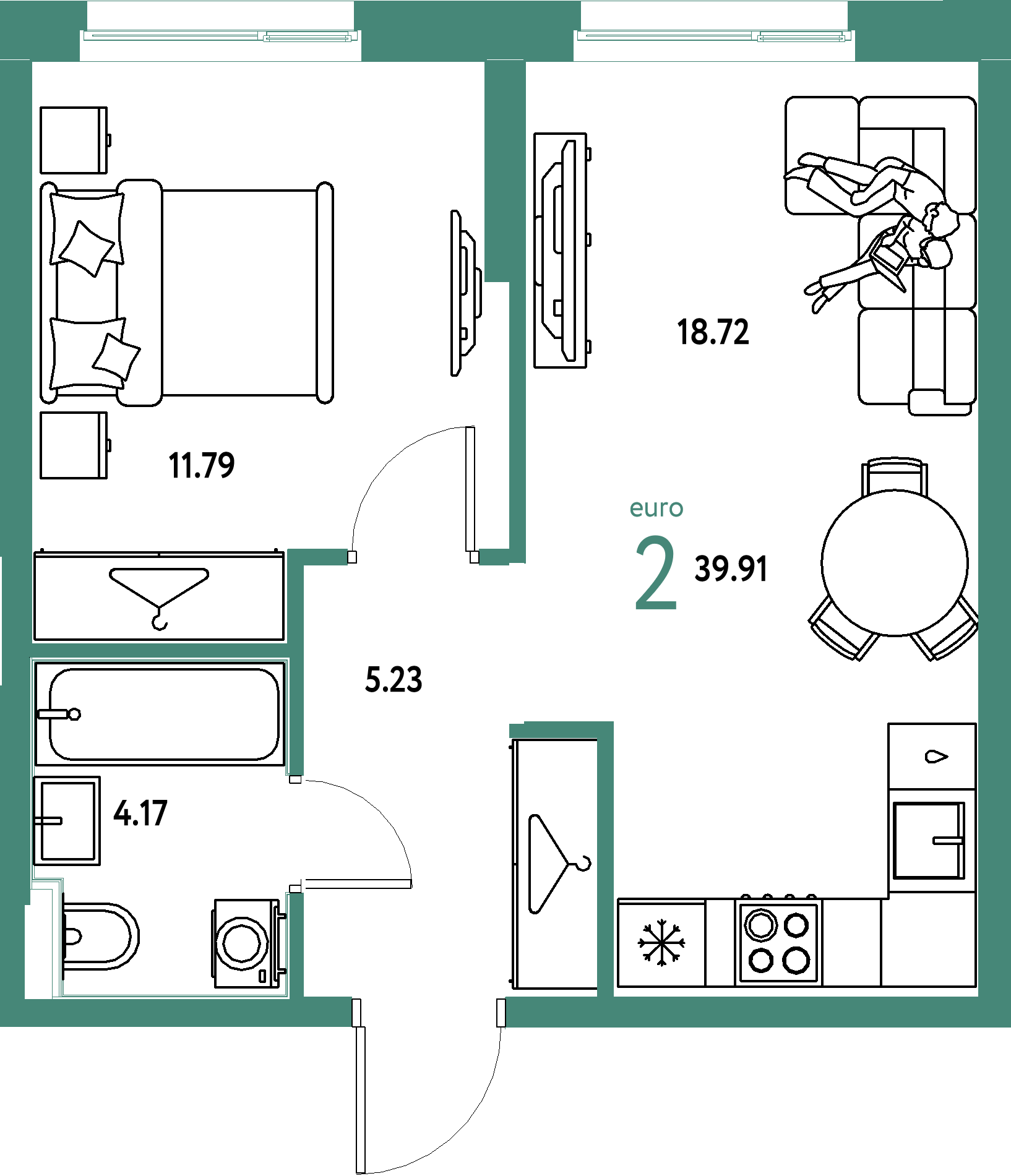 Планировка: Евродвушка 39,91 м² в ЖК «Европейский берег 2.0»