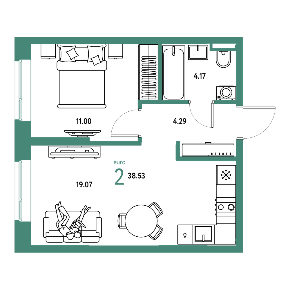 Планировка: Евродвушка 38,53 м²