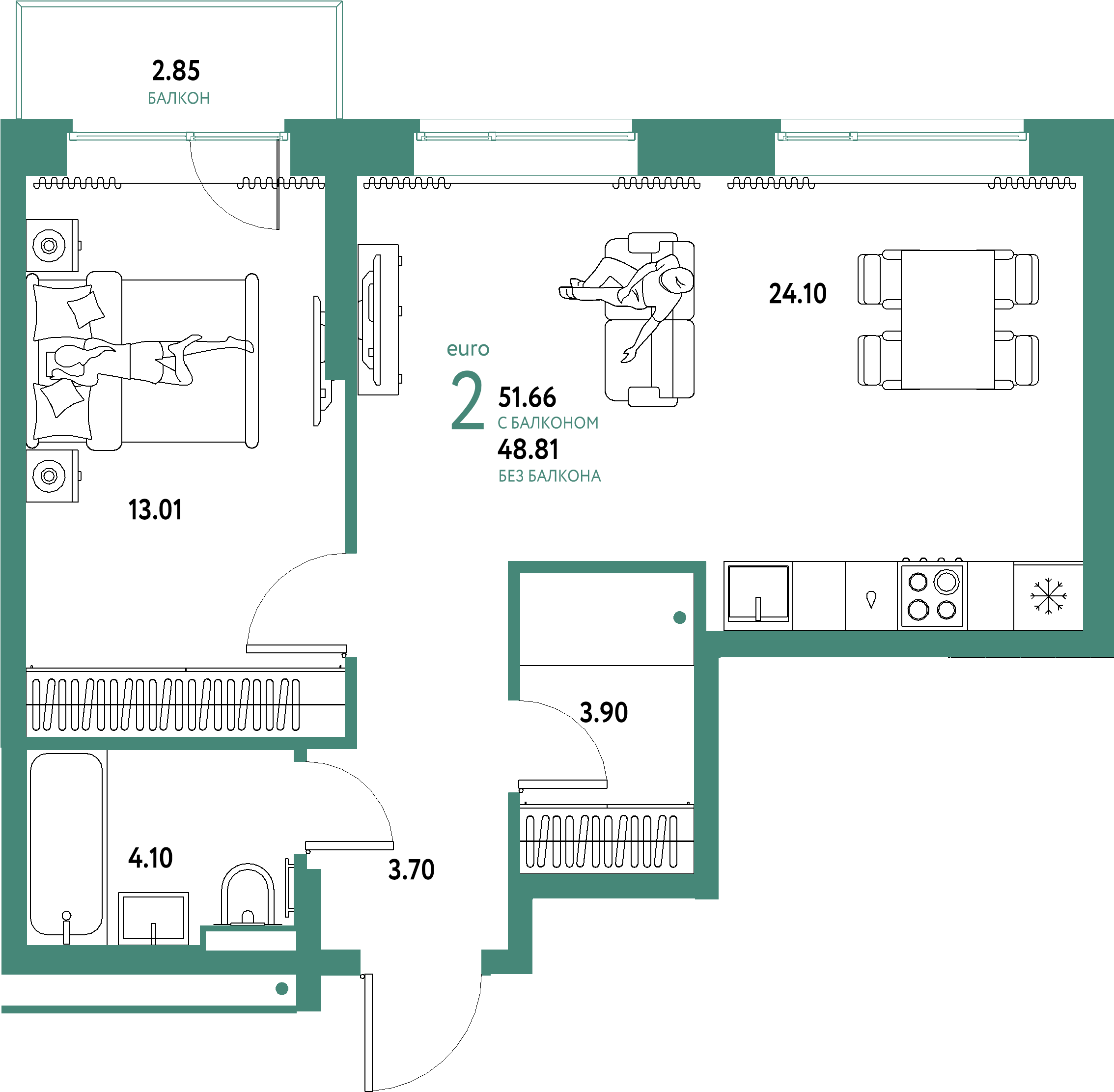 Планировка: Евродвушка 51,66 м² в ЖК «Домашний»