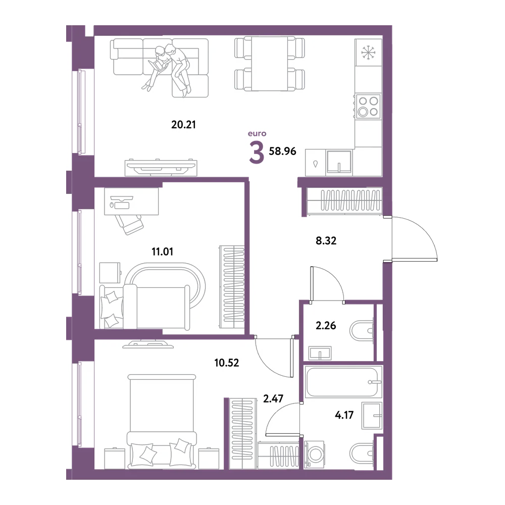 Планировка: Евротрёшка 58,96 м²