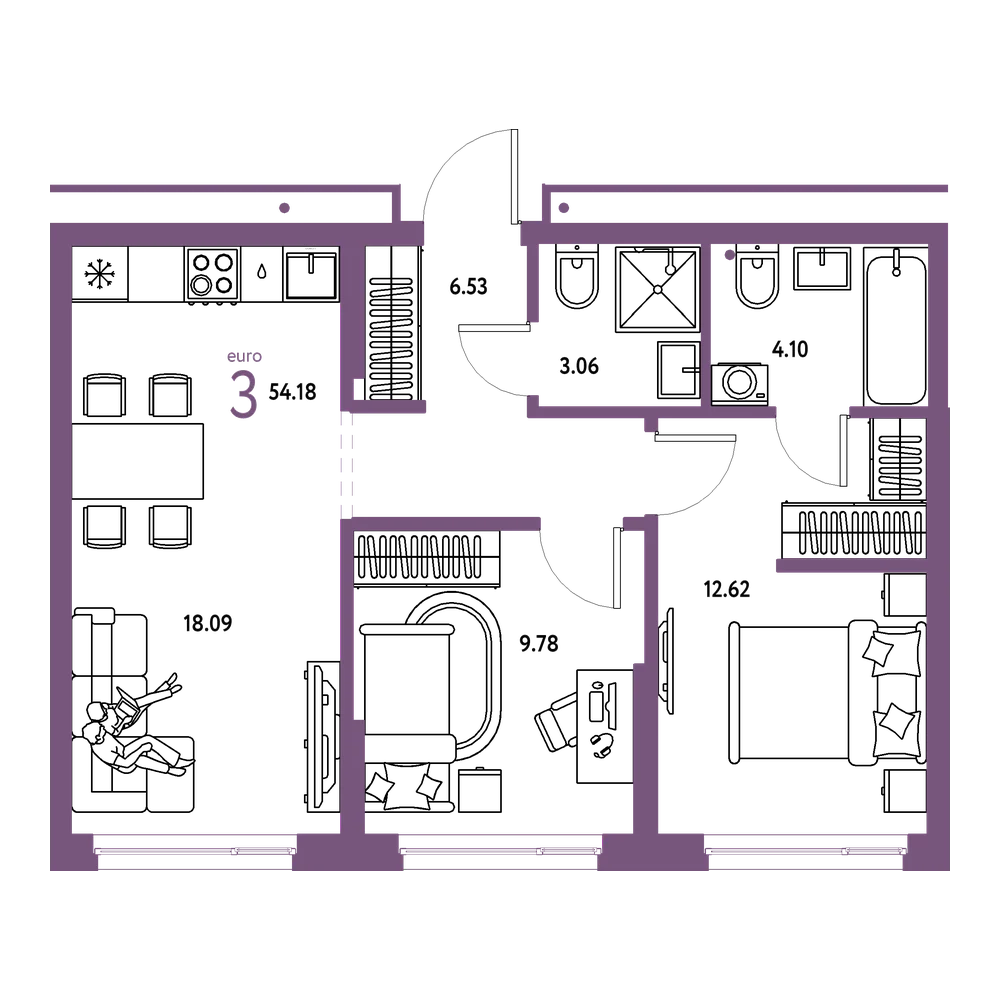 Планировка: Евротрёшка 54,18 м²