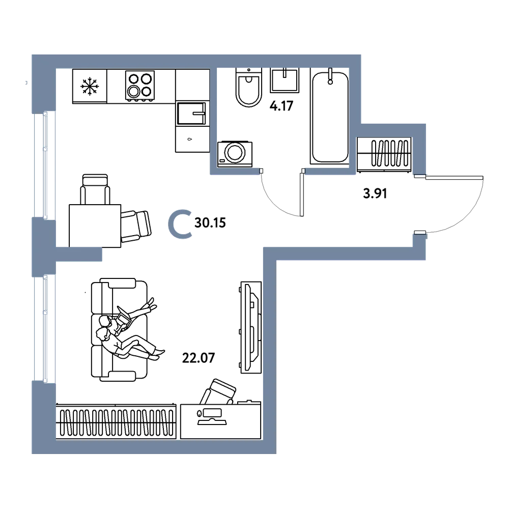 Планировка: Студия 30,15 м²