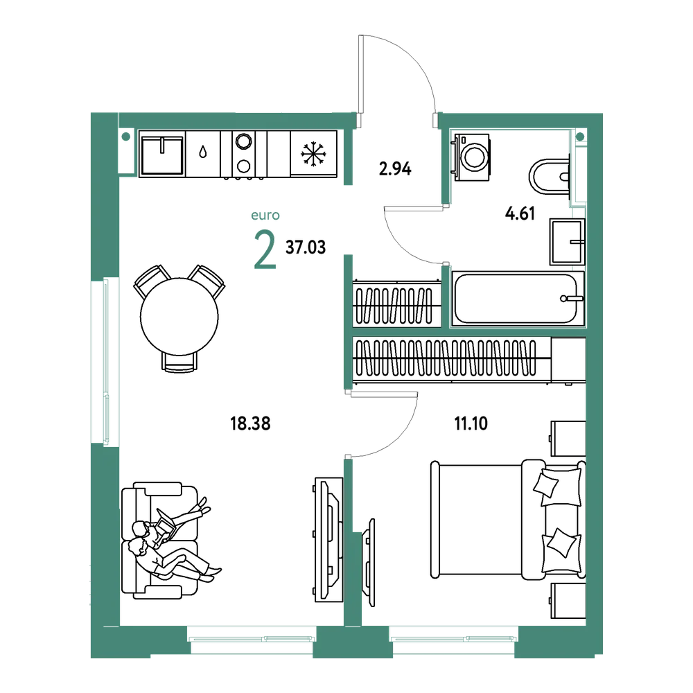 Планировка: Евродвушка 37,03 м²