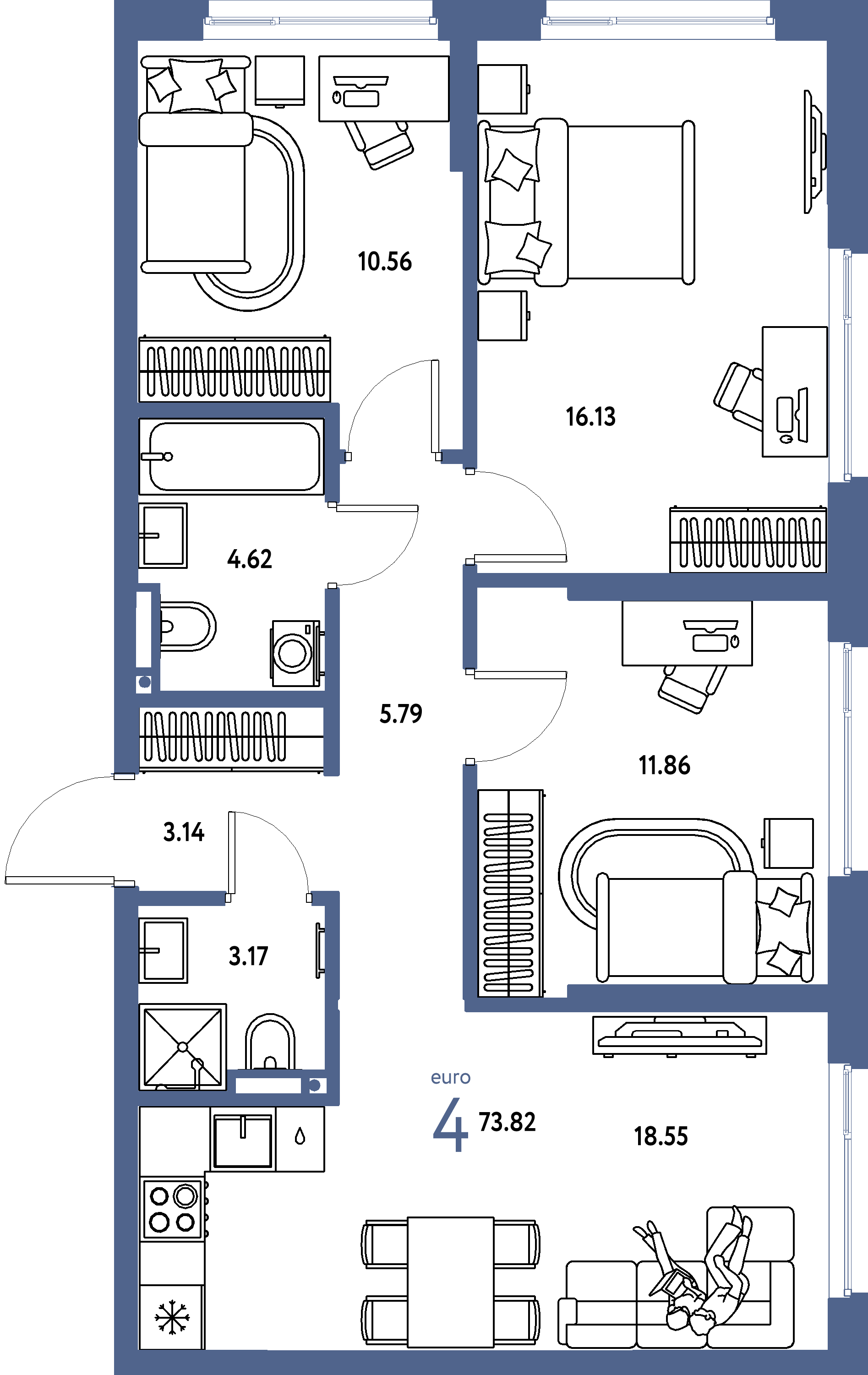 Планировка: Евро-4 73,82 м² в ЖК «Страна.Прибрежная»