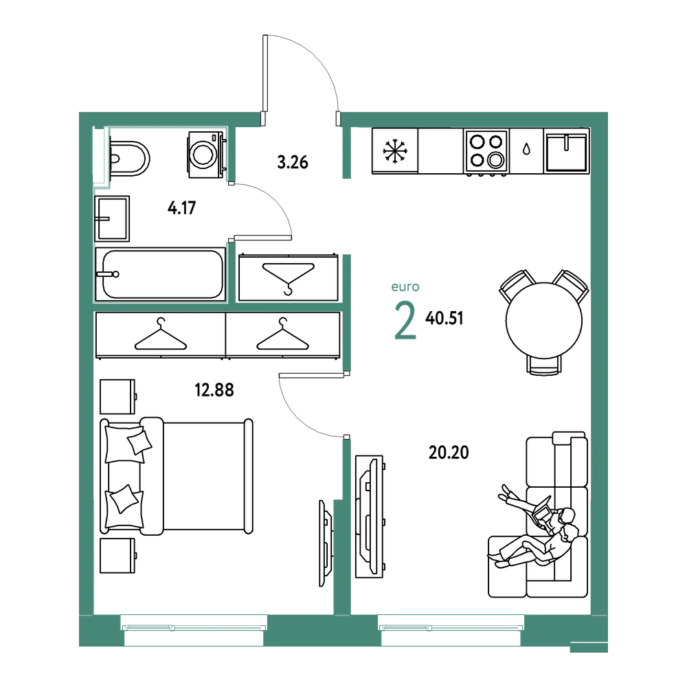 Планировка: Евродвушка 40,51 м²