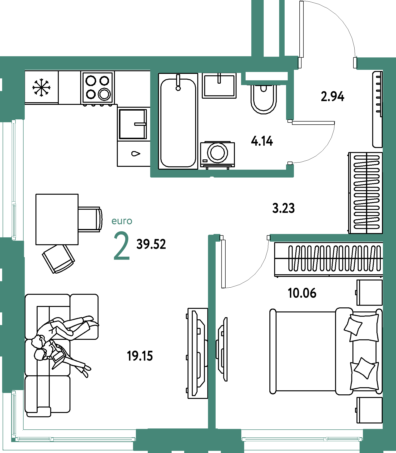 Планировка: Евродвушка 39,52 м² в ЖК «Страна.Прибрежная»