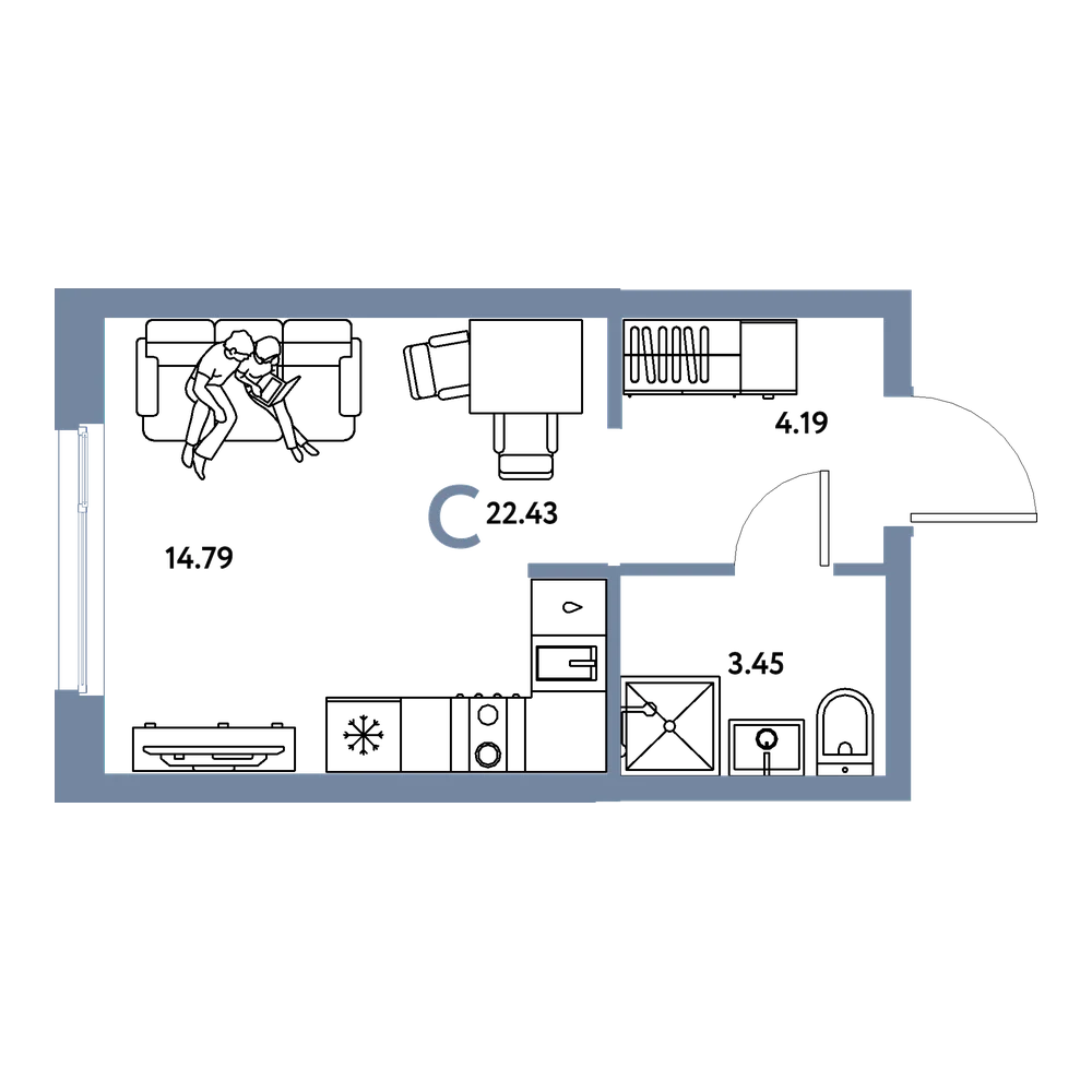 Планировка: Студия 22,43 м²