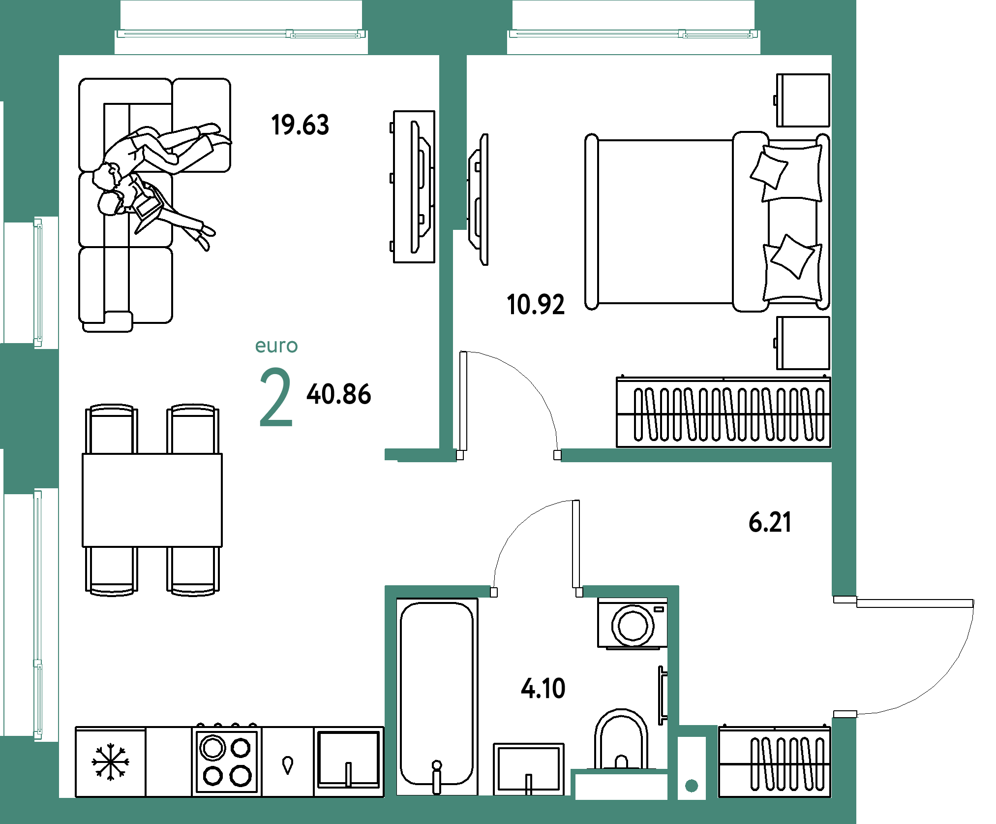 Планировка: Евродвушка 40,86 м² в ЖК «Авторский»