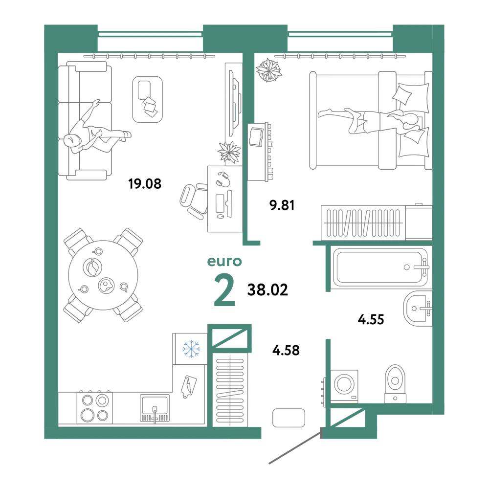 Планировка: Евродвушка 38,02 м²