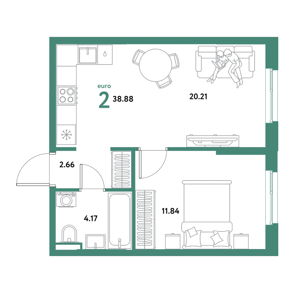 Планировка: Евродвушка 38,88 м²