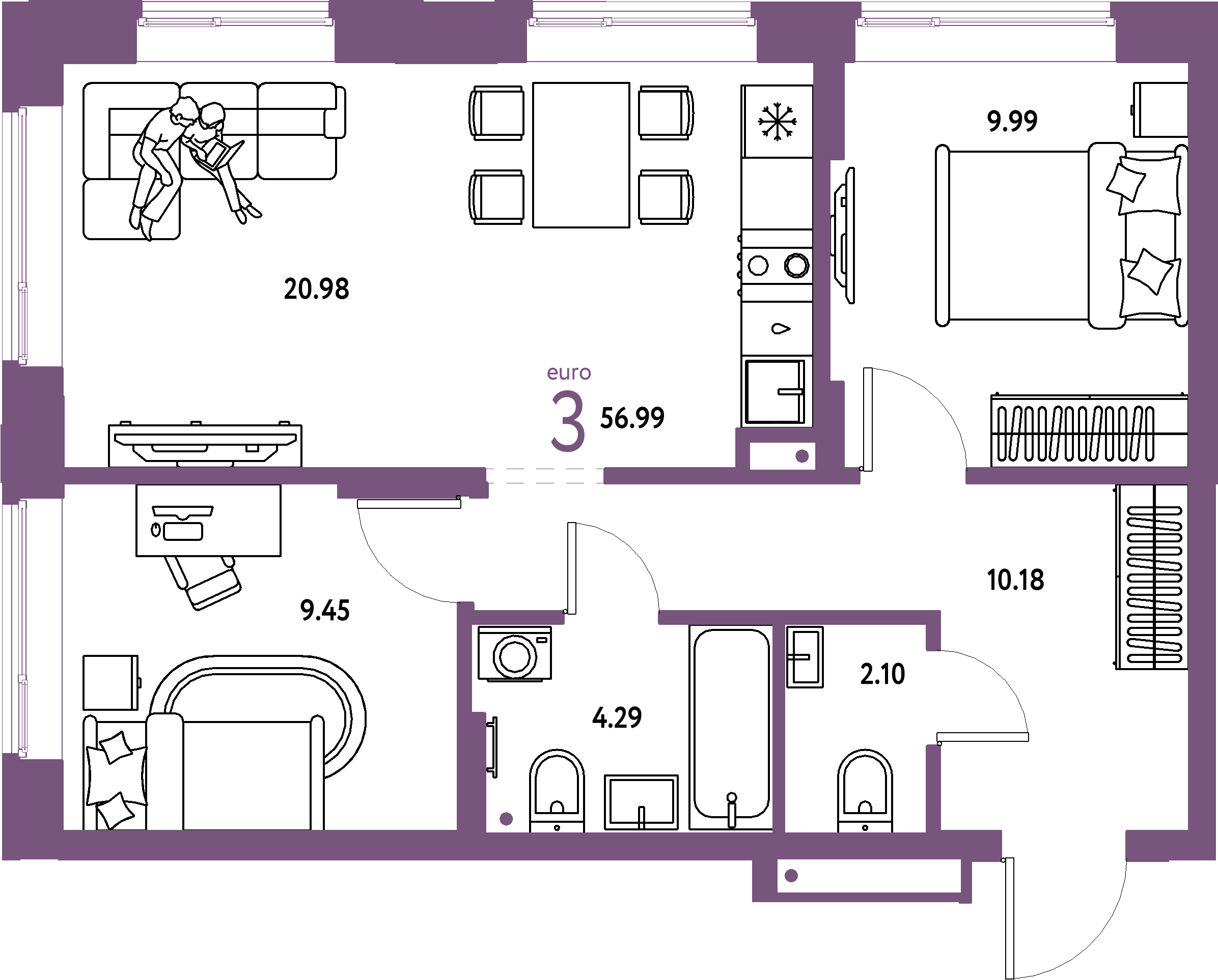Планировка: Евротрёшка 56,99 м² в ЖК «Домашний»