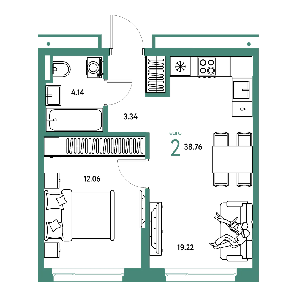 Планировка: Евродвушка 38,76 м²