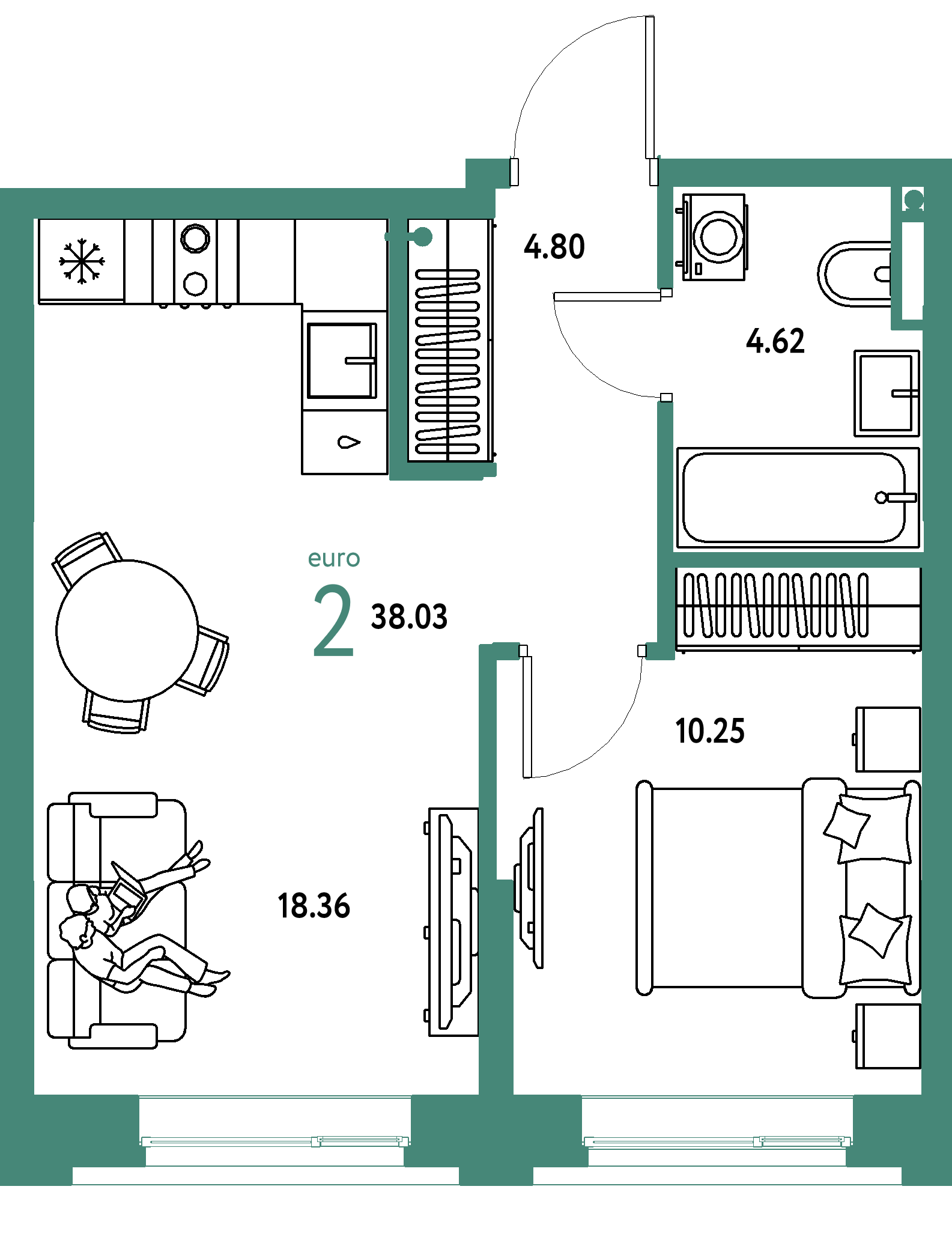 Планировка: Евродвушка 38,03 м² в ЖК «Остров-сад»
