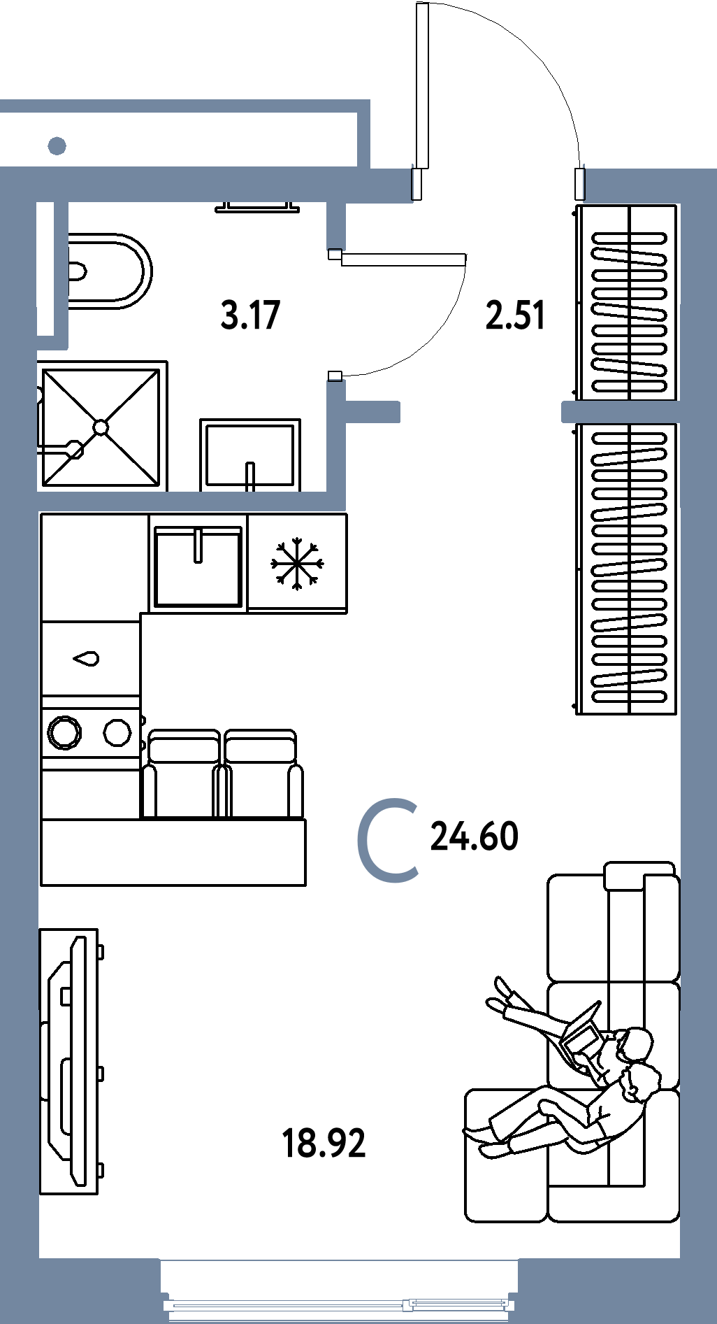 Планировка: Студия 24,6 м² в ЖК «Страна.Прибрежная»
