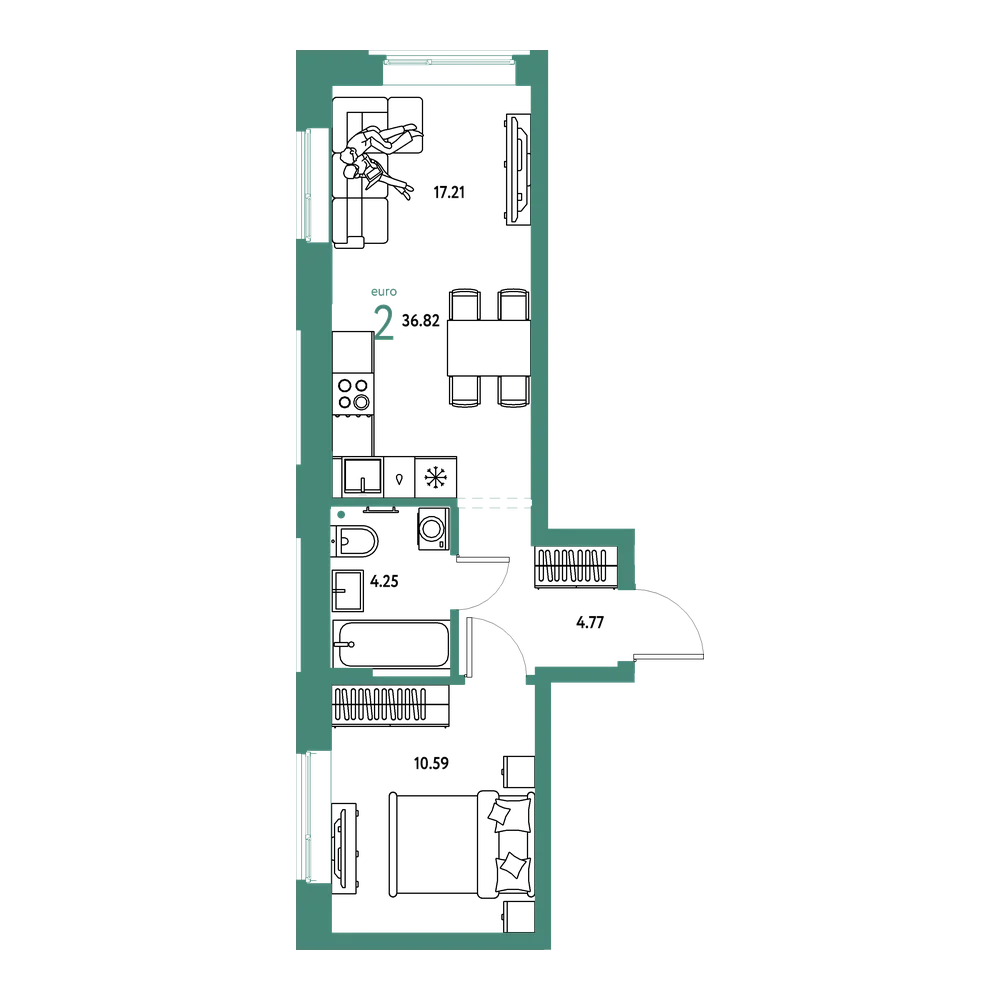 Планировка: Евродвушка 36,82 м²