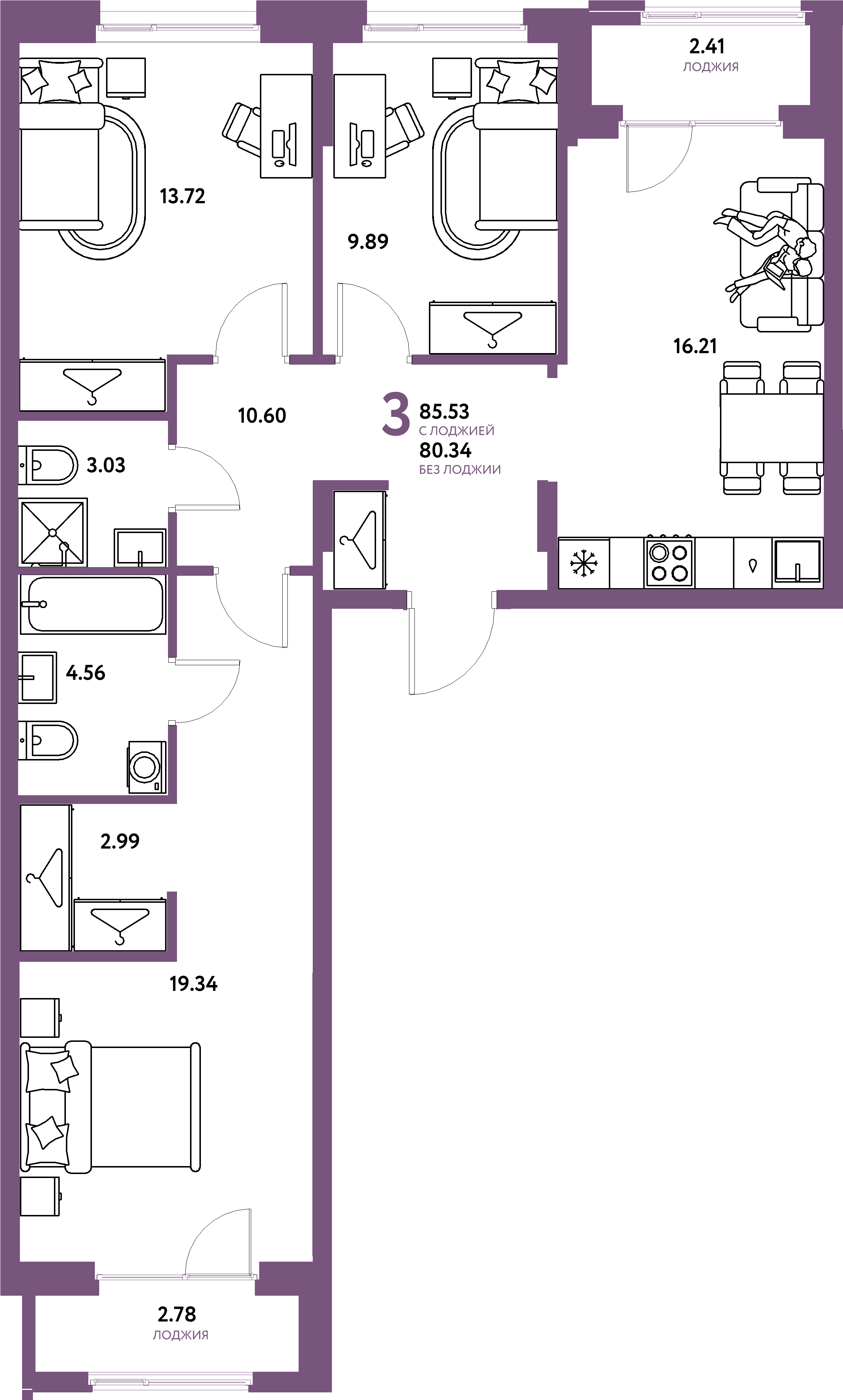 Планировка: 3-комнатная 85,53 м² в ЖК «Европейский берег 2.0»