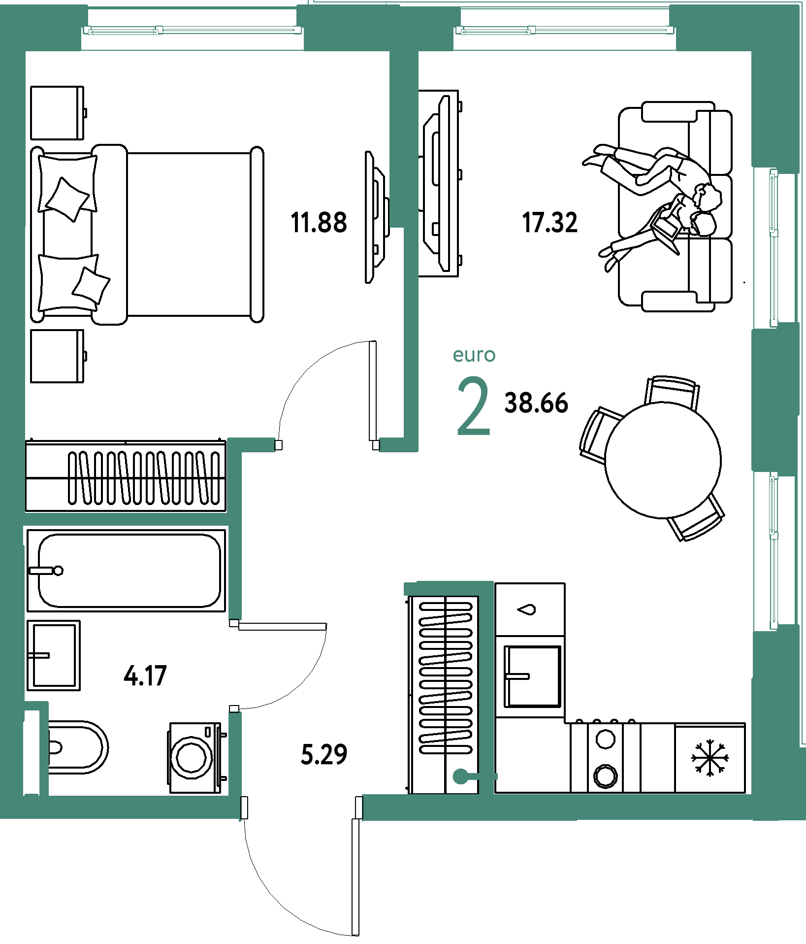 Планировка: Евродвушка 38,66 м² в ЖК «Остров-сад»