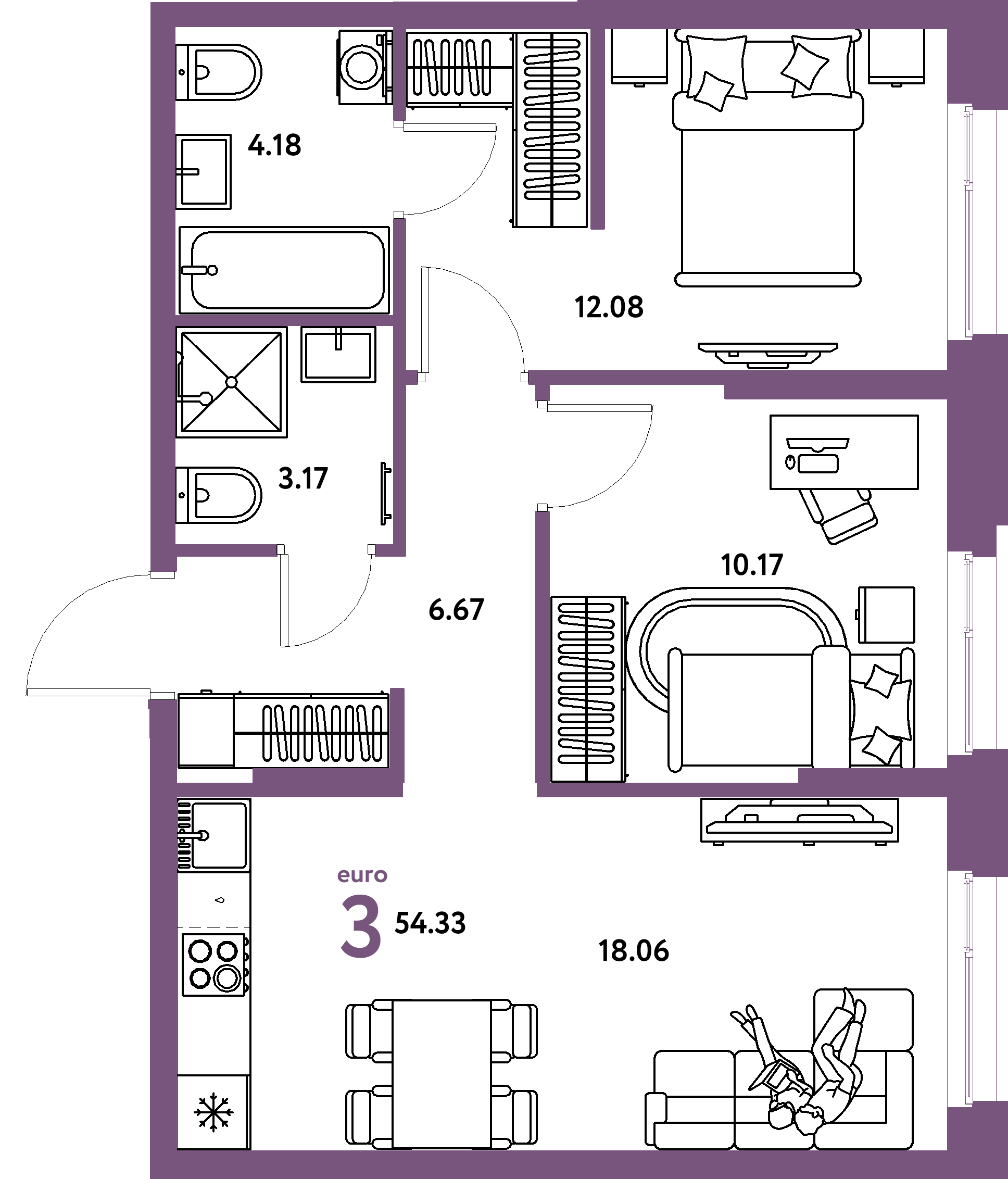 Планировка: Евротрёшка 54,33 м² в ЖК «Европейский берег 2.0»