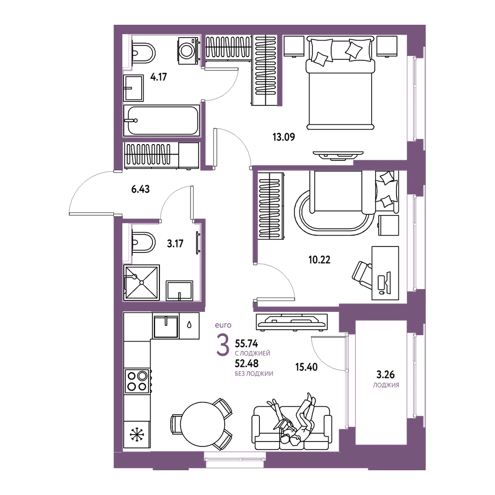 Планировка: Евротрёшка 55,74 м²