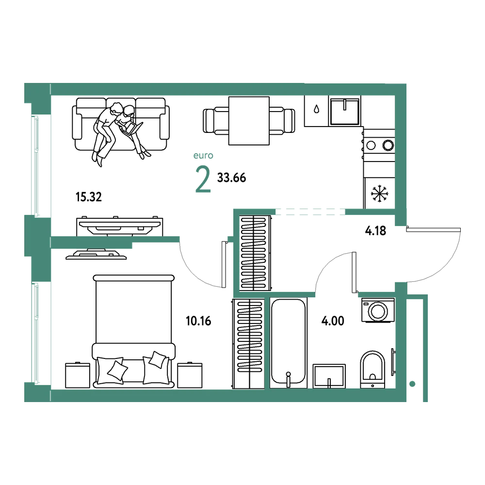 Планировка: Евродвушка 33,66 м²
