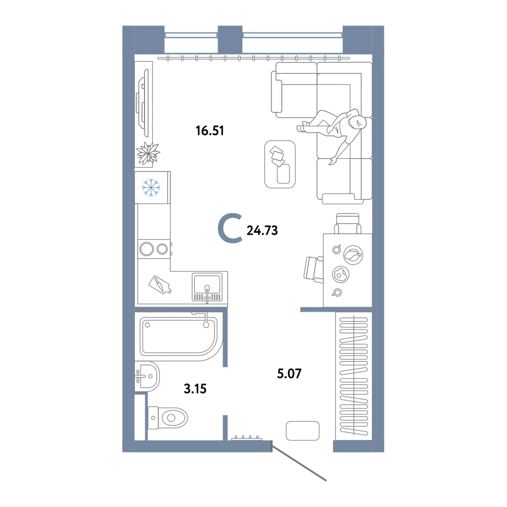 Планировка: Студия 24,73 м²