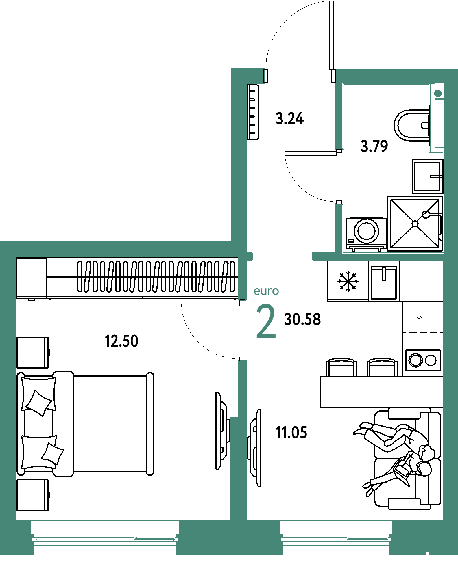 Планировка: Евродвушка 30,58 м² в ЖК «Остров-сад»