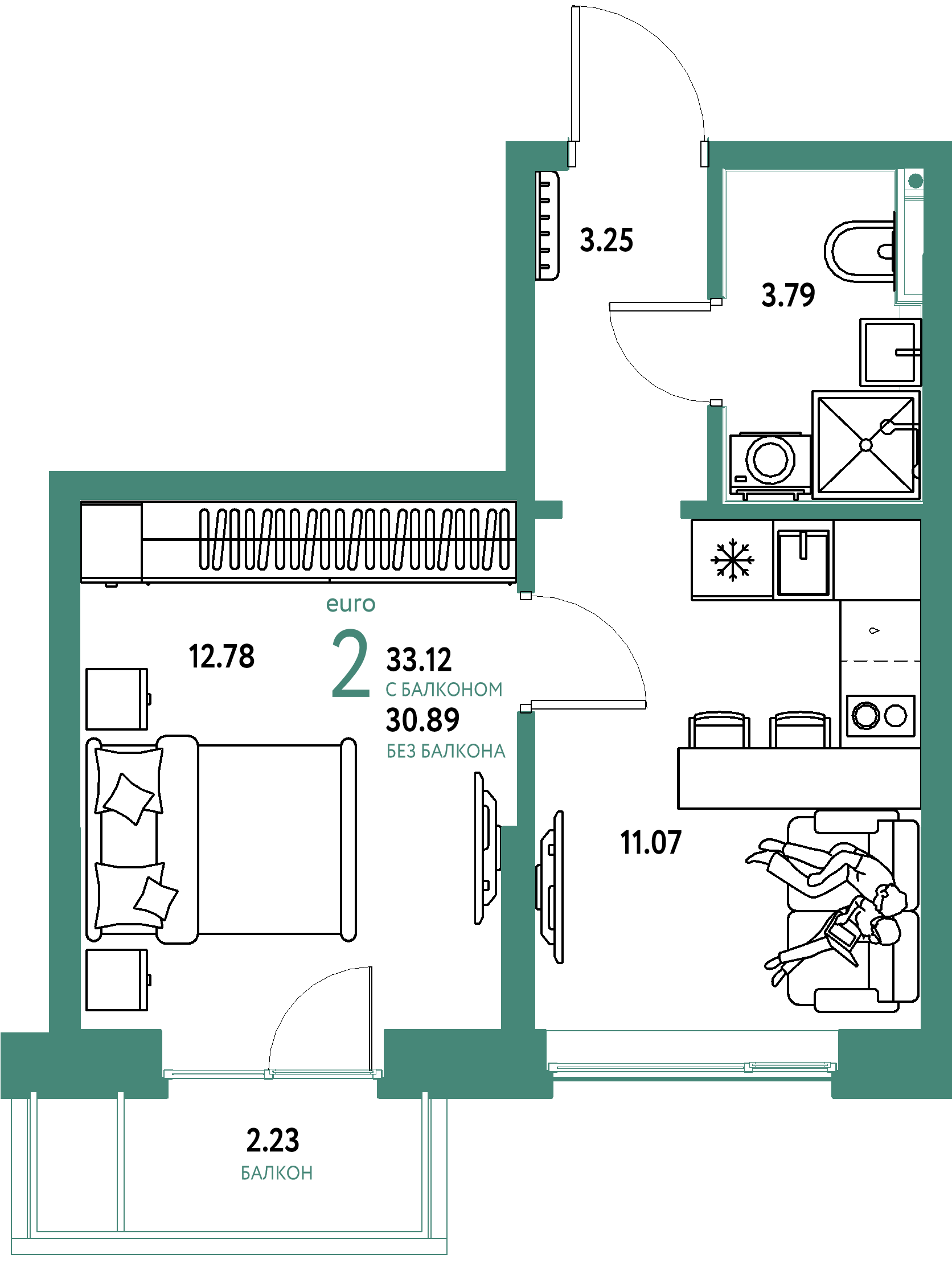 Планировка: Евродвушка 33,12 м² в ЖК «Остров-сад»