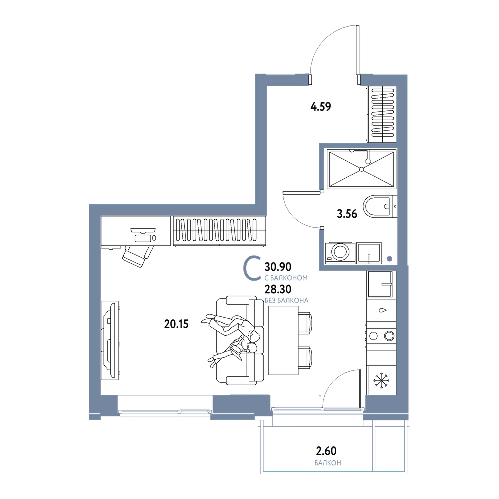 Планировка: Студия 30,9 м²