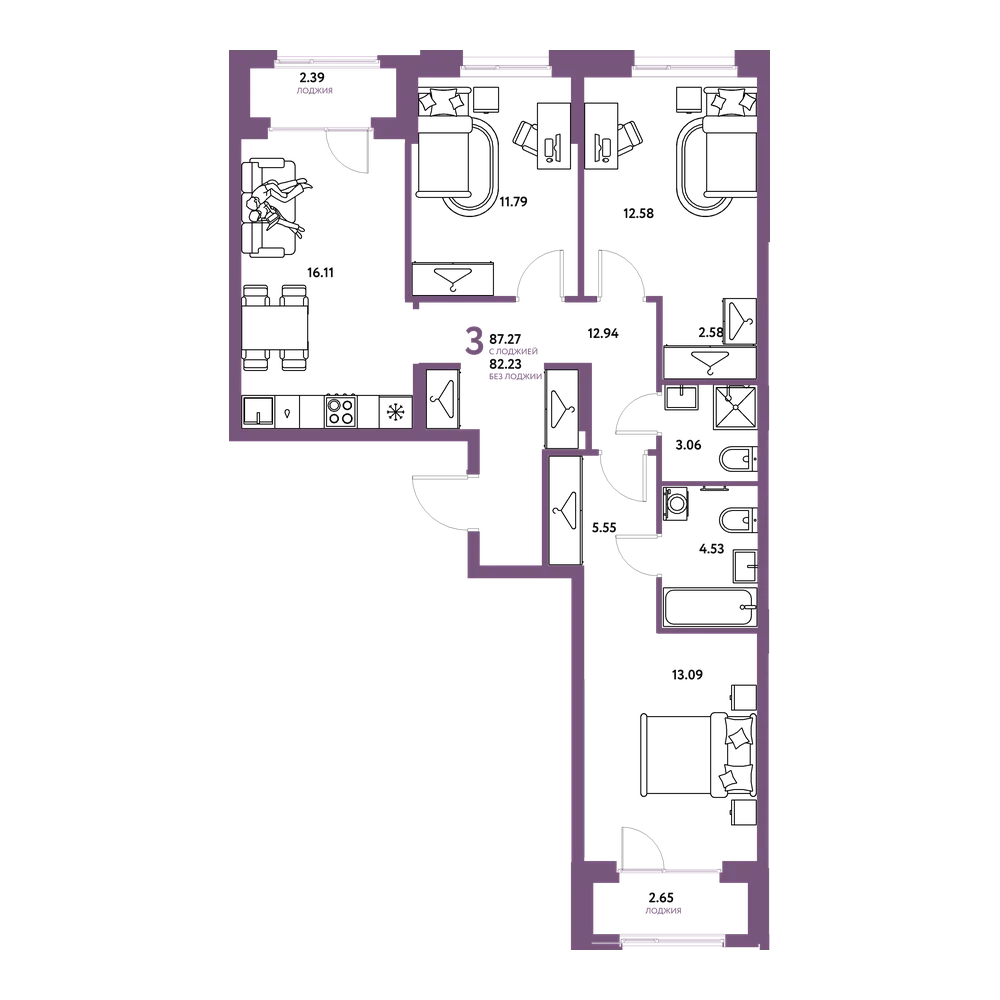 Планировка: 3-комнатная 87,27 м²