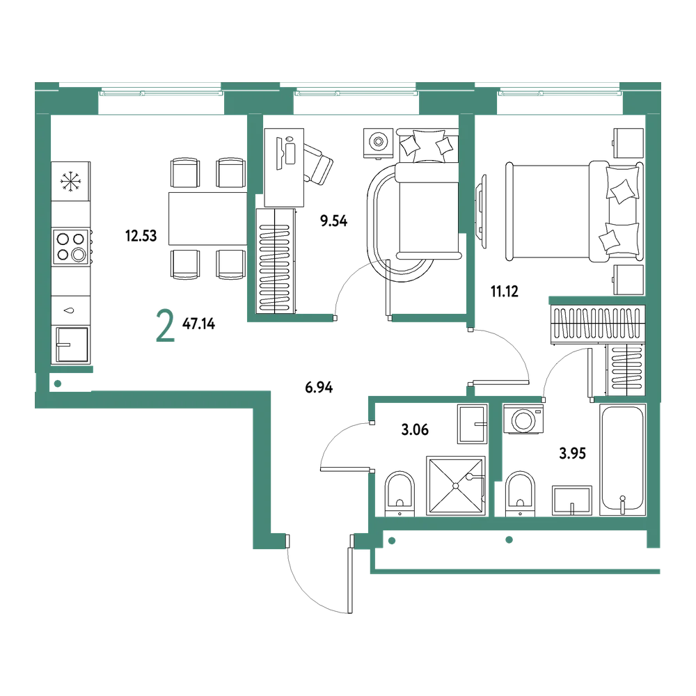 Планировка: 2-комнатная 47,14 м²