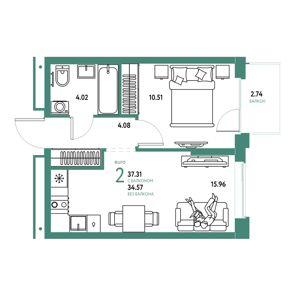 Планировка: Евродвушка 37,31 м²